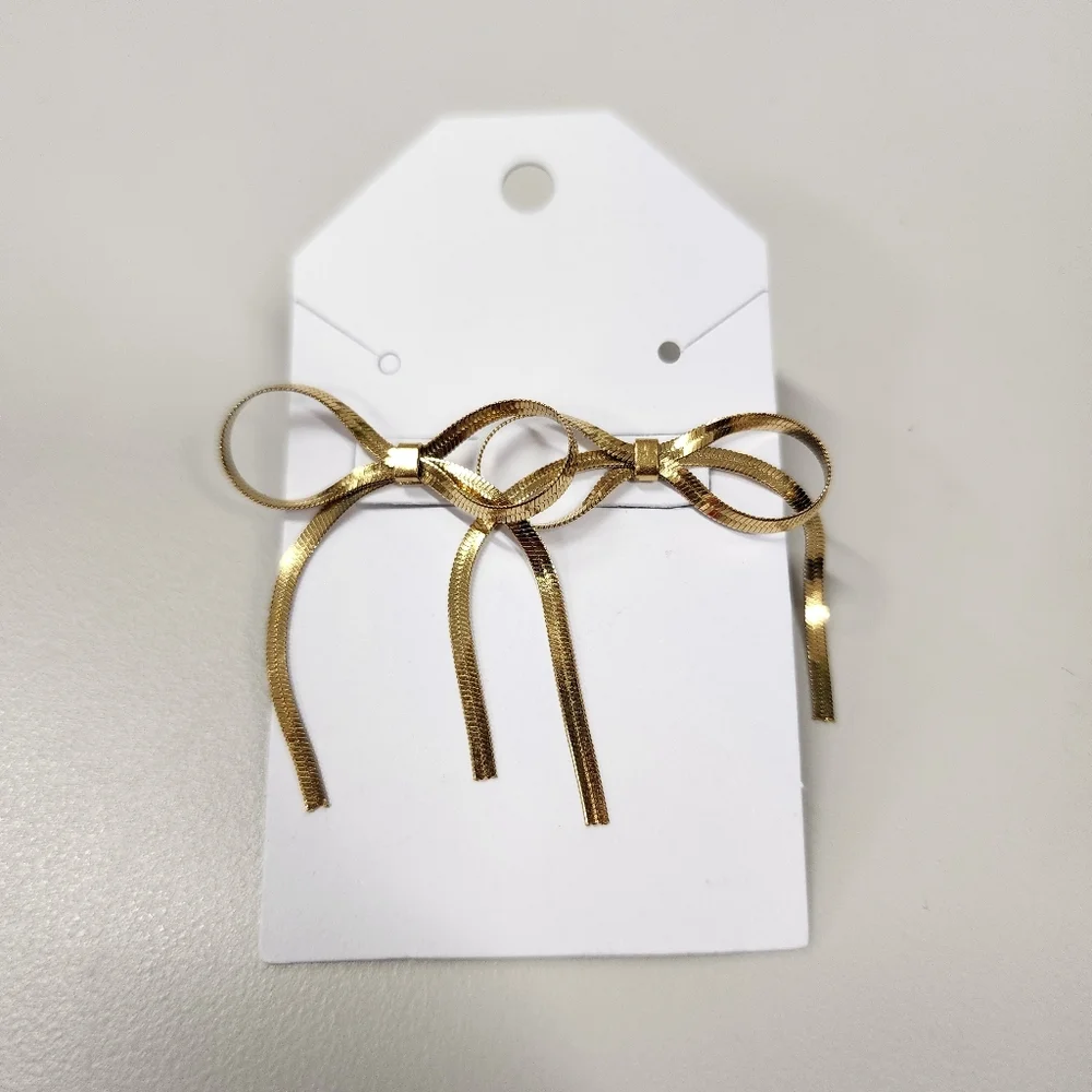 Bow Earrings Gold-tone Dainty Herringbone Snake Drop Chic